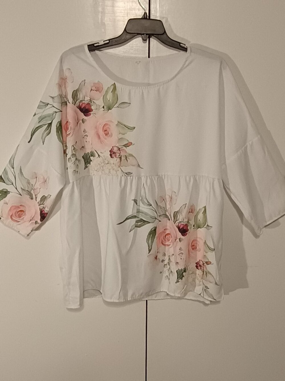 White Floral Babydoll Blouse 2XL 3/4 Sleeve Peplum Top Cottagecore Romantic Top - Picture 2 of 7